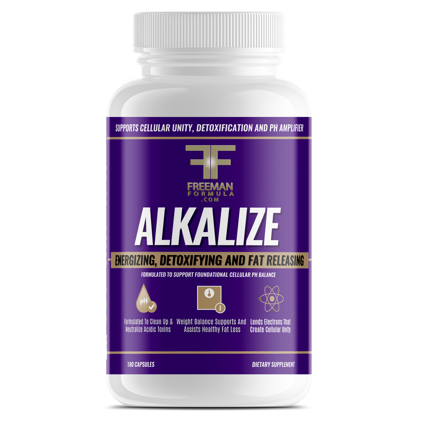 Freeman Formula Alkalize supplement bottle for cellular balance, detoxification, and energy support