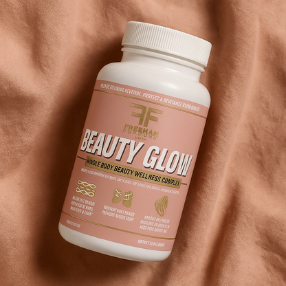 Supplement bottle labeled 'Beauty Glow' on a brown fabric background