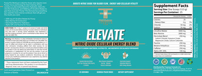 Supplement label for 'Elevate' nitric oxide cellular energy blend with brand logo and ingredient list.