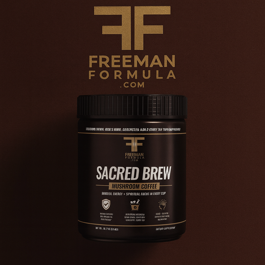 Freeman Formula Sacred Brew Mushroom Coffee container on a brown background
