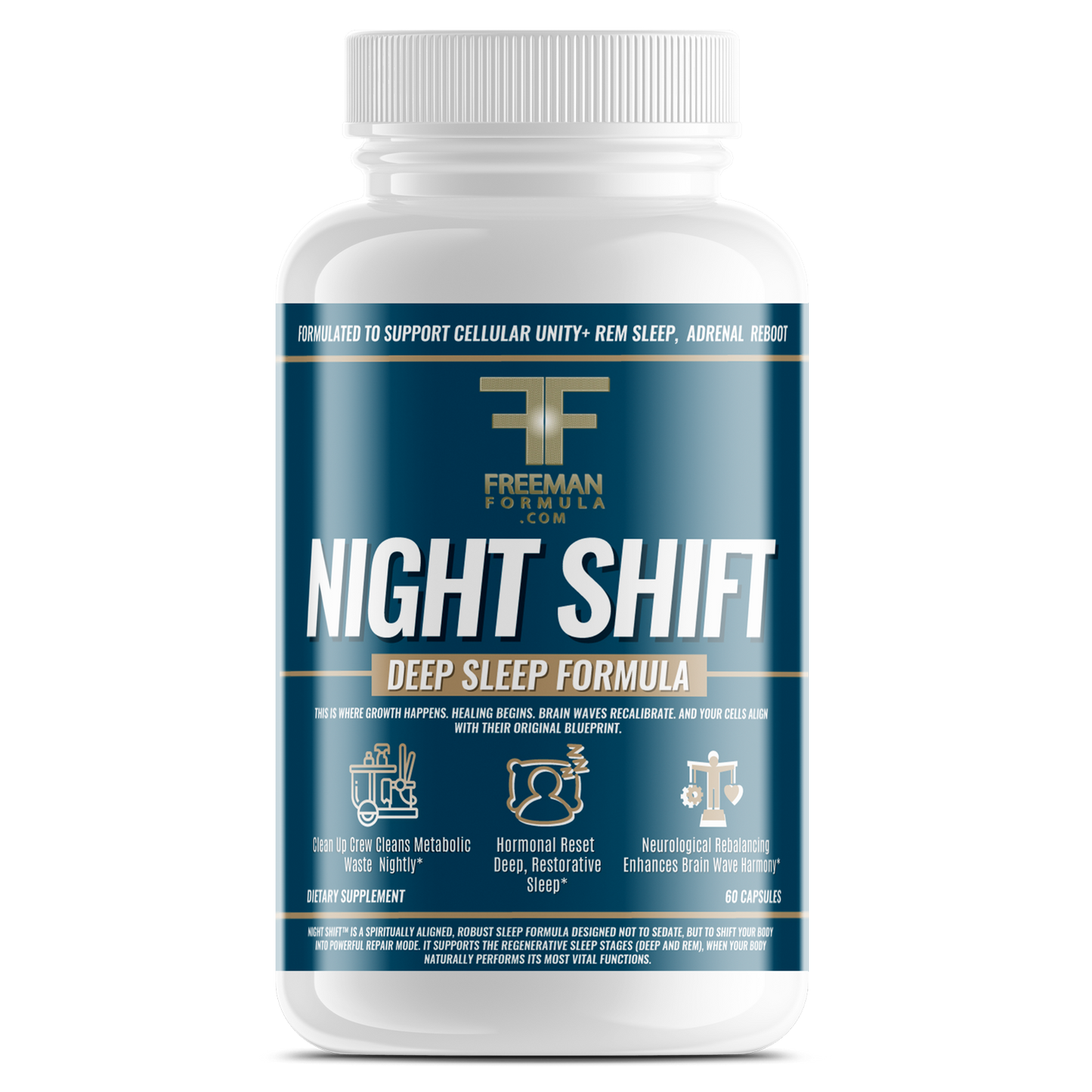 Freeman Formula Night Shift Deep Sleep Formula supplement bottle designed to promote deep restorative sleep, reduce nighttime stress, and support relaxation.