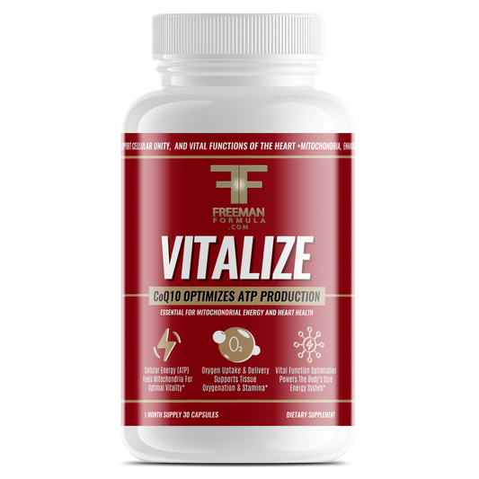 Freeman Formula Vitalize CoQ10 supplement bottle designed to optimize ATP production, support cellular energy, and promote heart health.